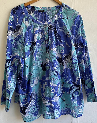 #ad Talbots Plus Petite Womens Blouse Top Size 3XP Blue Floral Henley Collarless $19.99