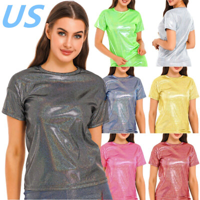 #ad US Womens Sparkle Tee Shirts Short Sleeve Round Neck Pullover Rave Party Tops $10.06