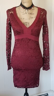 #ad GUESS BRAND BURGUNDY LACE COCKTAIL DRESS LONG SLEEVES AND FULLY LINED SIZE XS $24.90