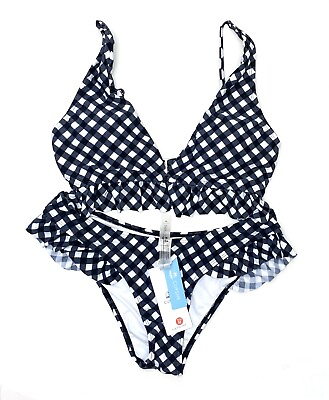 #ad Cupshe NEW Two Piece Ruffled Gingham Plaid Swimsuit Bikini Black White Sz M $30.91