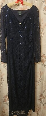 #ad Nwt Lauren Ralph Lauren Long Navy Blue Lace And Sequin Evening Dress Size 12P $72.49