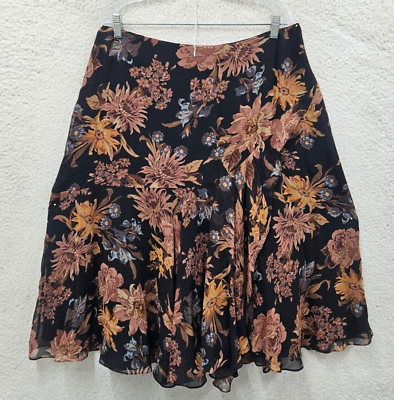 #ad Ralph Lauren Women Skirt 16W Black Floral Print Silk Blend Ruffle A Line Knee Le $19.79