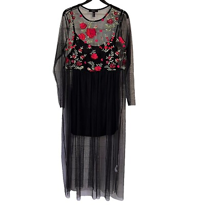 #ad Forever 21 Floral Embroidered Mesh Maxi Dress 2X Black Long Sleeve Festival $32.79