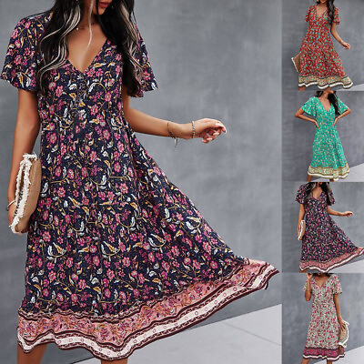 #ad Boho Ladies V Neck Floral Short Sleeve Ruffled Dress Womens Casual Holiday Dress $15.56