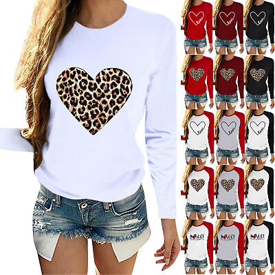 Womens T Shirts Valentine#x27;s Day Long Sleeve O Neck Blouse Heart Print Casual Top $18.61