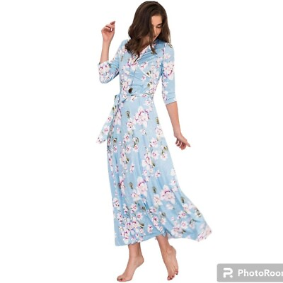 #ad Aphratti Blue Floral 3 4 Sleeve Faux Wrap Belted Long Maxi Dress XXL $29.00