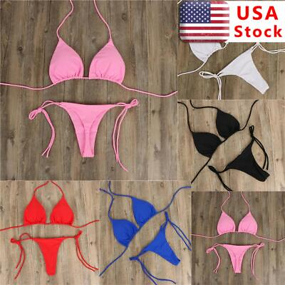 #ad Women Sexy Thong Bikini Set Side Tie Halter Neck Swimsuit Bandage Swimwear USA $10.35