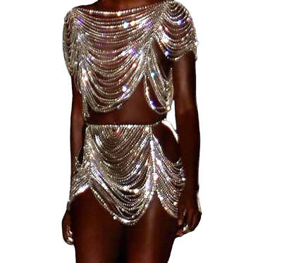 #ad Rhinestone Lingerie Shoulder Chain Dress Bra for Women Set Bikini Jewelry Thong $155.17