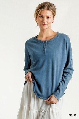 Umgee Women#x27;s French Terry Mineral Washed Henley Top Size Medium Large $38.95