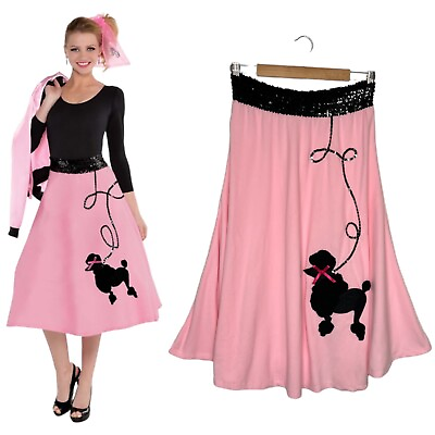 #ad Poodle Skirt Womens 50s Hip Hop Flare Retro Midi Sequined Grease Costume Pink $24.35