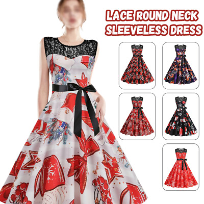 #ad Lace Retro Christmas Women Sleeveless 50S 60S Swing Vintage Party Dresses Xmas $19.88