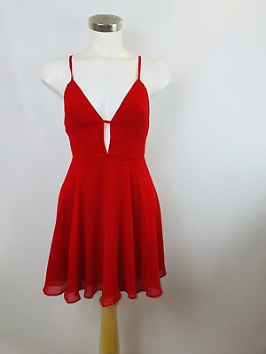 New Bebe Red Keyhole V Neck Top Flare Skirt Dress Women#x27;s Size 2 $8.79