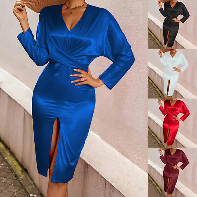 #ad Women V Neck Long Sleeve Bodycon Dress Cocktail Party Gown Tunic Slit Midi Dress $26.69