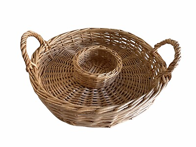 #ad Vintage Chip Dip Serving Basket Straw Wicker Round Tray Boho handles 11 1 2quot; $19.99