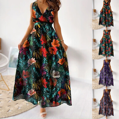 #ad US Womens Boho Floral V Neck Maxi Long Dress Summer Party Holiday Beach Sundress $23.59