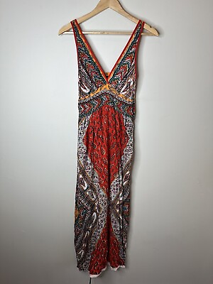 #ad Angie Orange Black Red Sleeveless V Neck Long Maxi Dress Paisley Boho Small $16.99