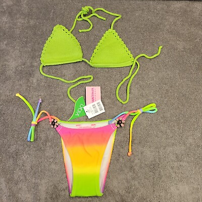 #ad Cia Maritima Brazilian Cheeky Bikini Set Knit Top Swimsuit Womens S Green Flower $32.99