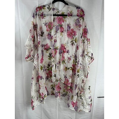 #ad Floral Kimono Womens one Size Crochet Trim Sheer Cover Up Oversized $13.50