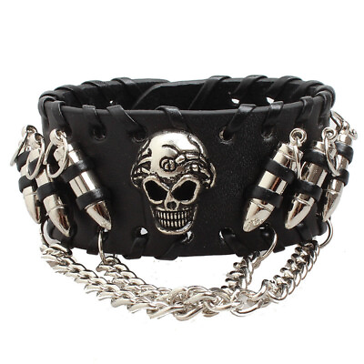 #ad Men#x27;s Leather Harley Skull Head Wide Biker Bracelet Cuff Wristband $11.01