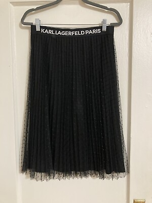 #ad Karl Lagerfeld Paris Womens Black Pleated Dotted Sheer Midi Skirt Logo Small EUC $43.99