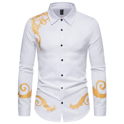 #ad Vintage Bronzing Top Men‘s Printed Casual Long Sleeve Prom Party Dress Shirts $24.63