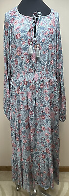 Knox Rose Floral Boho Dress Size Large Tassel Long Dress Blue $24.99
