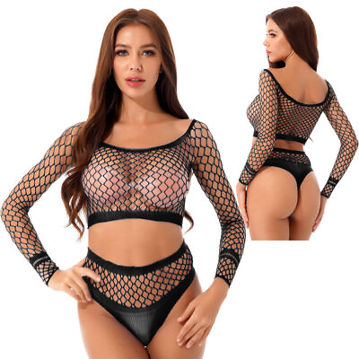 #ad Woman#x27;s Fishnet Lingerie Long Sleeve Crop Top High Waist Thongs Bikini Cover Ups $12.52