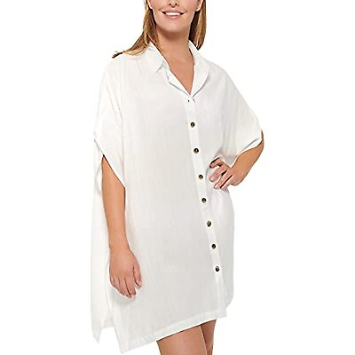 $64 Dotti Buttoned V Neck Textured Royal Belize Swimsuit Cover Up White Medium $29.00