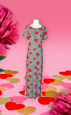#ad #ad BOBBIE BROOKS Women#x27;s XL RED ROSE Black Floral MAXI Dress Striped Short Sleeve $22.99