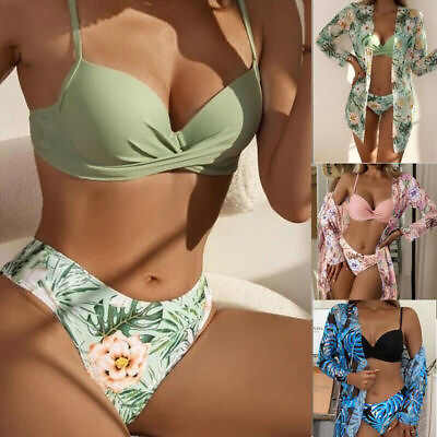 #ad Green Print Mid Waist 3 Piece Bikini Cover Up Swimming Swimsuit Swimwear Women $22.91
