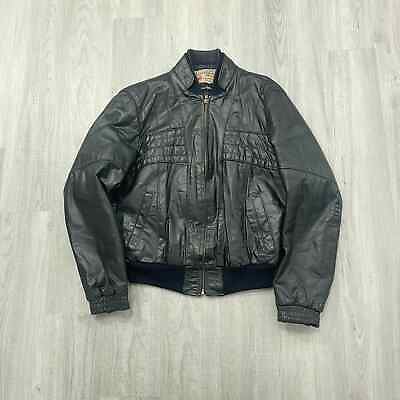 #ad VINTAGE The Leather Shop Sears Biker Motorcycle Jacket Size 40 Mens Black $125.00