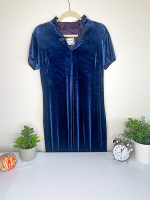 #ad VINTAGE 90#x27;s Dressing Clio Dark Blue Lycra Velvet Dress Size Large $40.00