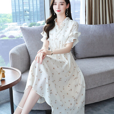 #ad Women Tea Floral Dress Midi Short Puff Ruffle Sleeve Chiffon Swing Elegant Party $35.47