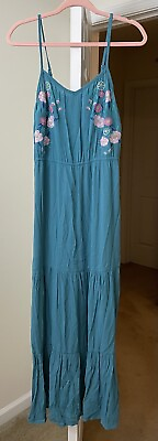 #ad Time and Tru Dress Artsy Teal Blue Embroidered Floral Gauze Sundress Medium $12.74