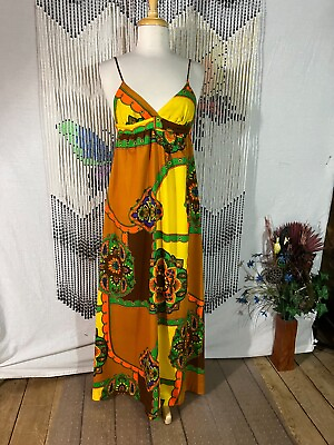 #ad VTG 60s Strappy Maxi Dress Dayglo Psychedelic Floral Top Drawer Newport Beach XS $62.99