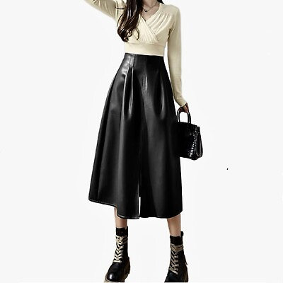 #ad A Line Faux Leather Split Midi Skirt High Waist Pleated Casual Flared Women. $19.99