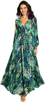 ROVLET Women#x27;s Floral Maxi Dresses Boho Chiffon Long Sleeve Sexy V Neck Dress Be $95.07
