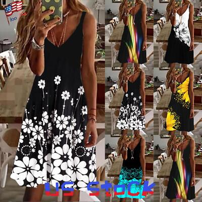 #ad US Womens Summer Beach Boho Sundress Ladies Strappy V Neck Cami Dress Plus Size $10.20