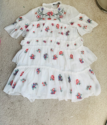 #ad Zara Embroidered Floral Ruffle Mini Dress Off White Tiered Women#x27;s Size Medium $25.00