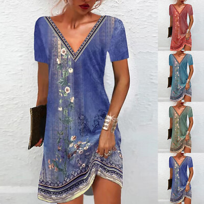#ad Plus Size Womens V Neck Floral Mini Dress Summer Beach Holiday Retro Sundress US $17.69
