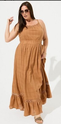 #ad Torrid Cotton Crochet Maxi Boho Dress Brown Size 1X $36.00