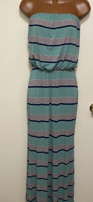 #ad S Twelve Women’s Stretch Striped Green amp; Blue Maxi Dress Size Small Made USA $12.00