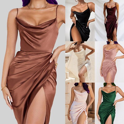 #ad Sexy Sleeveless Women Satin Silk Split Midi Dress Party Cocktail Dress Summer $16.06