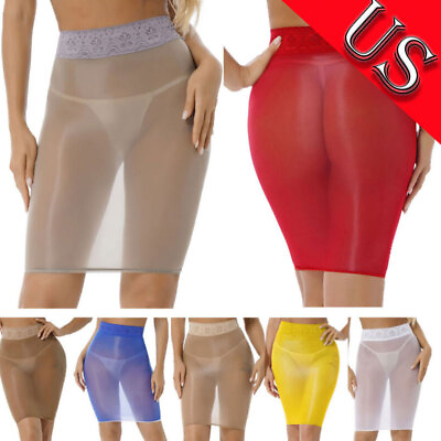 #ad US Women#x27;s Sheer Mesh Lace Trim High Waist Short Skirt Bodycon Half Slip Skirts $8.27