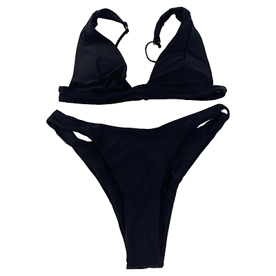 #ad Jeniulet Womens Size M 2PC High Cut Cheeky Bikini Set Padded Adjustable Black $12.99