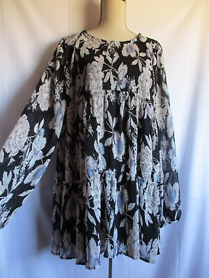 Loveriche Mini Dress Top Ruffle boho Women L black crinkle Floral Long Sleeve $29.99