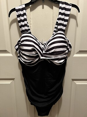 #ad NWT Yonique One Piece Swimsuit Plus size 20W Black White Stripe Shirred Sides $14.50