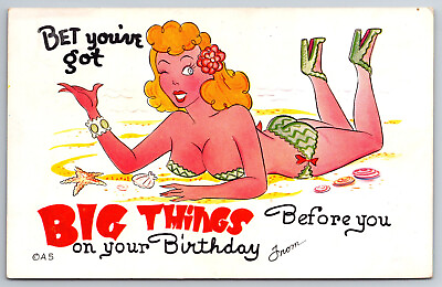 #ad Vintage Postcard Humor Sexy Risque Pretty Woman Bikini Big Breasts Birthday $1.99