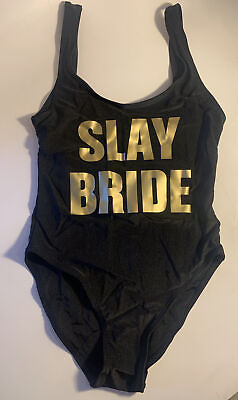 #ad *NEW Women#x27;s Slay Bride One Piece Black Bridal Swim Suit High Cut Low Back Large $13.28
