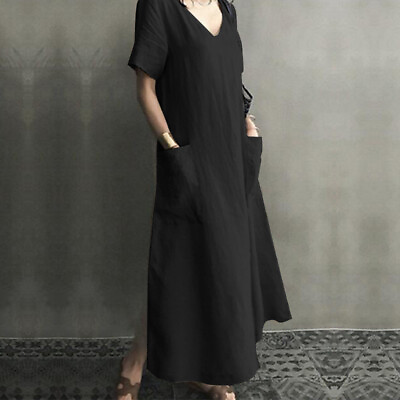 #ad Women Cotton Sundress Short Sleeve V Neck Summer Party Long Maxi Dress Plus $17.99